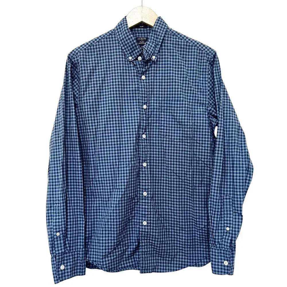 J. Crew Blue Plaid Flex Washed Slim Long Sleeve Button Down Sz M